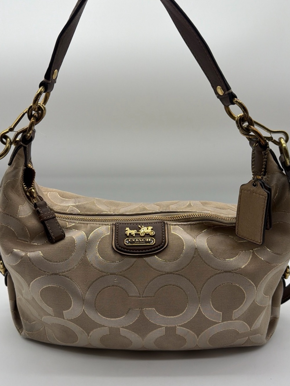 Coach Taupe Signature Madison op art sateen Shoulder Bag
